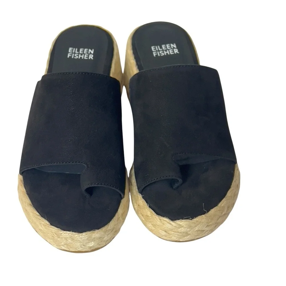 Eileen Fisher Tarry-TN Black Tumbled‎ Nubuck Slide Platform Espadrille 5M